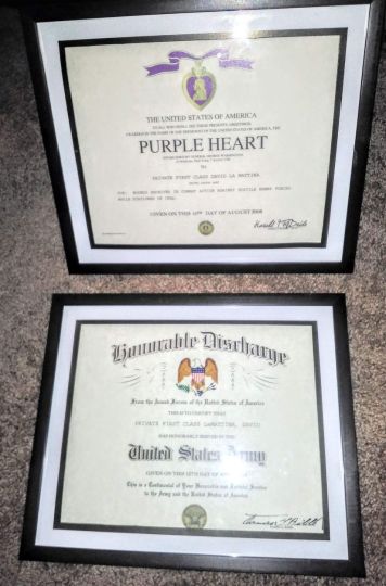 My purple heart for being a Army Ranger deployed 8 times overseas served 13 years and well I was blown up 3 times but I'm still alive.