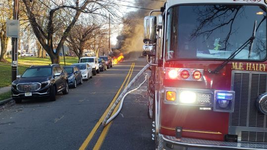 Car Fire x 4. Excess winds, gusting to 30 MPH accelerated the need to expedite. Hydrant location was not optimal.