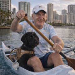 My dog Spike and I outrigger paddling